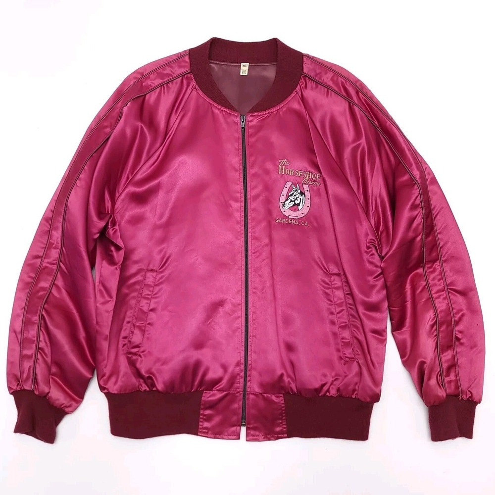 Vintage Horseshoe Casino Gardena CA Satin Bomber Jacket Pink XXL